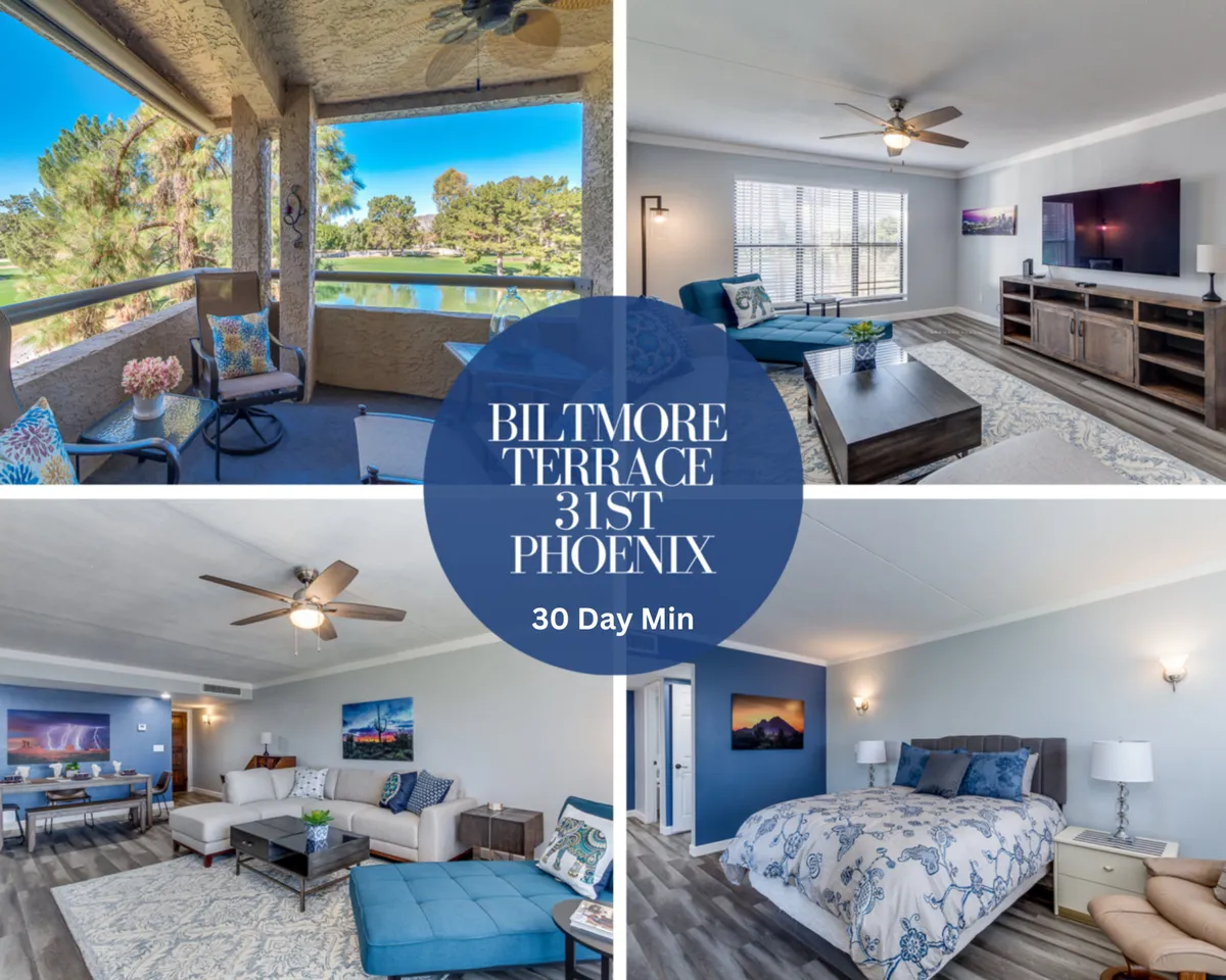 The image showcases a beautifully remodeled condo interior in the esteemed Biltmore area of Phoenix, featuring a spacious living room seamlessly connected to a large balcony with comfortable seating. From the inviting living space, you can see sunset views across the golf course and water, complemented by tasteful décor and a tranquil bedroom setup.